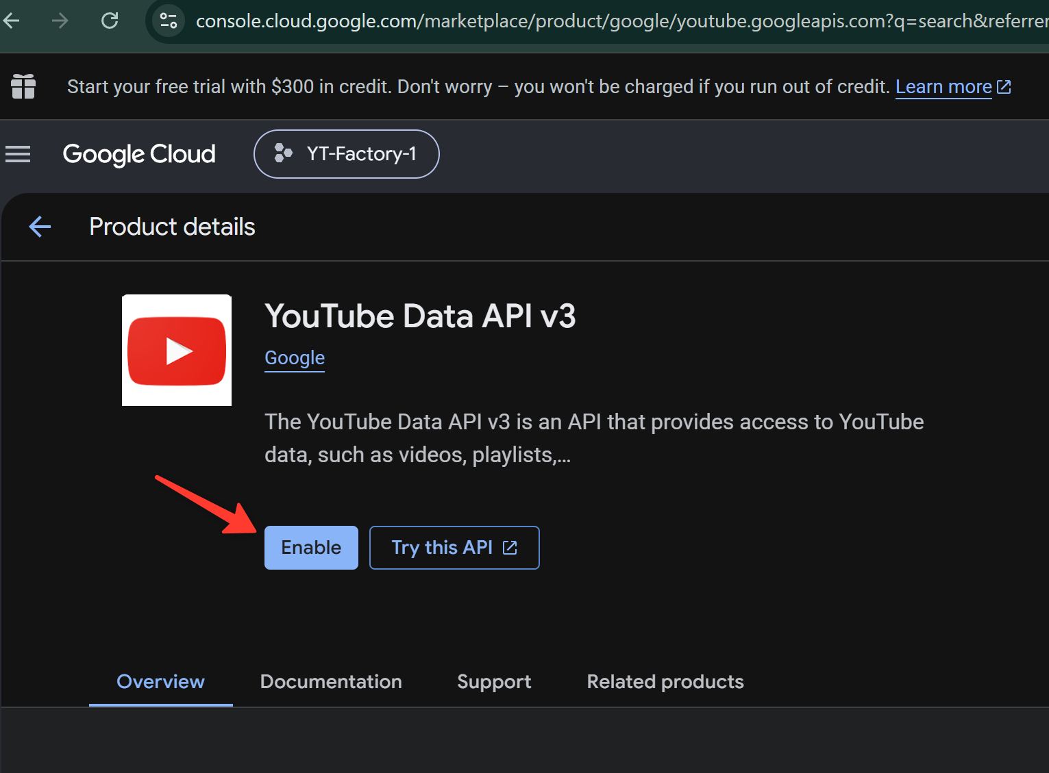 YouTube Data API v3 включён
